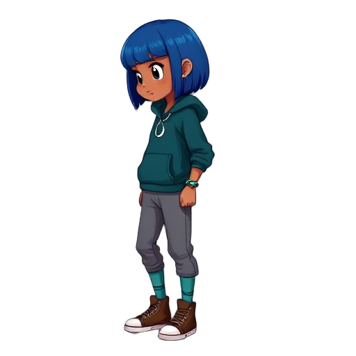 side view of a girl with light brown skin, short cobalt blue straight hair, wearing a dark teal hoodie with front pocket and crescent moon necklace, gray jogger pants tucked into teal socks, brown high-top sneakers, green and blue beaded bracelet, soft-sh