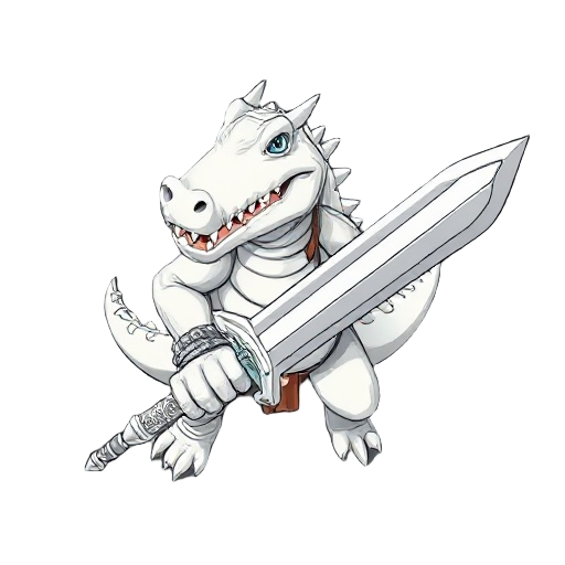 a white strong humanoid crocodile warrior holding a giant sword
