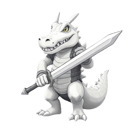 a white strong humanoid crocodile warrior holding a giant sword