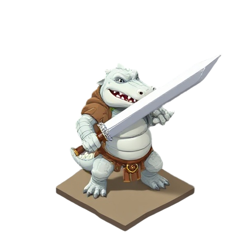 a white strong humanoid crocodile warrior holding a giant sword