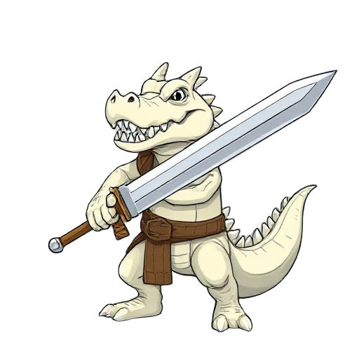 a white strong humanoid crocodile warrior holding a giant sword