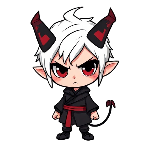 karo es un pequeño demonio chibi de expresión eternamente apática. con cabello blanco despeinado, cuernos negros, cola puntiaguda y ropa oscura con cinturón rojo, transmite una mezcla de ternura y melancolía, como si siempre estuviera aburrido… o planeand