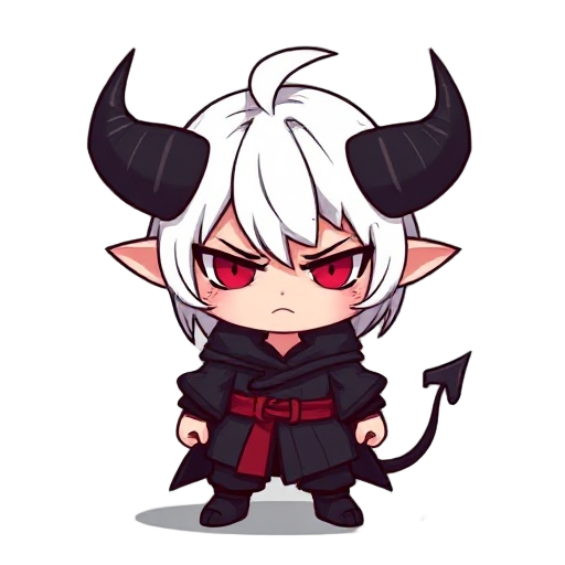 karo is a small chibi demon with an eternally apathetic expression. with disheveled white hair, black horns, a pointy tail, and dark clothing with a red belt, he conveys a mixture of cuteness and melancholy, as if he's always bored... or planning somethin