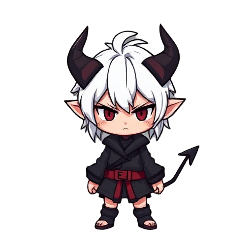 karo is a small chibi demon with an eternally apathetic expression. with disheveled white hair, black horns, a pointy tail, and dark clothing with a red belt, he conveys a mixture of cuteness and melancholy, as if he's always bored... or planning somethin