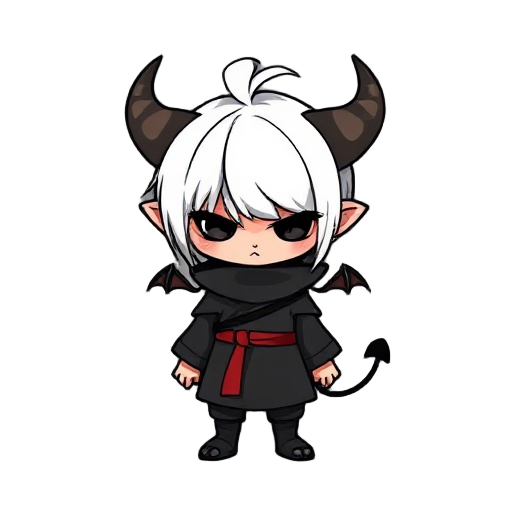 karo es un pequeño demonio chibi de expresión eternamente apática. con cabello blanco despeinado, cuernos negros, cola puntiaguda y ropa oscura con cinturón rojo, transmite una mezcla de ternura y melancolía, como si siempre estuviera aburrido… o planeand