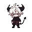 karo is a small chibi demon with an eternally apathetic expression. with disheveled white hair, black horns, a pointy tail, and dark clothing with a red belt, he conveys a mixture of cuteness and melancholy, as if he's always bored... or planning somethin