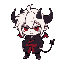 karo is a small chibi demon with an eternally apathetic expression. with disheveled white hair, black horns, a pointy tail, and dark clothing with a red belt, he conveys a mixture of cuteness and melancholy, as if he's always bored... or planning somethin