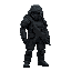 a heavily armored cyberpunk soldier in worn black tactical gear with torn fabric and metal plating. dark, muted colors with rough pixel textures