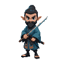 um elfo samurai barbudo usando kimono azul marinho portando uma espada