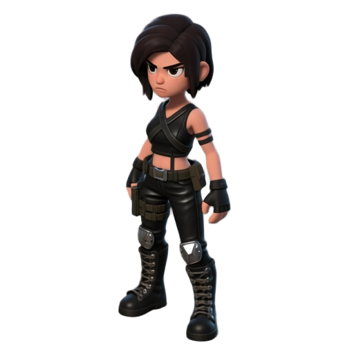 female survivor, dark hair, serious face, black tactical outfit, leather pants, high boots with metal details, crossed straps on back. isometric 3d style like dead frontier. standing pose, ready for combat, neutral colors.