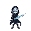noctis, in deltarune style has pale skin messy white hair and glowing blue eyes without his hood and cloak dark cracks cover his arms he wears a tattered black tunic wielding a flickering blue dagger