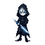 noctis is a hooded figure with glowing blue eyes, pale skin, white hair, and shadowy cracks on his hands. he wields a blue light dagger and has a serious yet teasing demeanor deltarune/undertale style