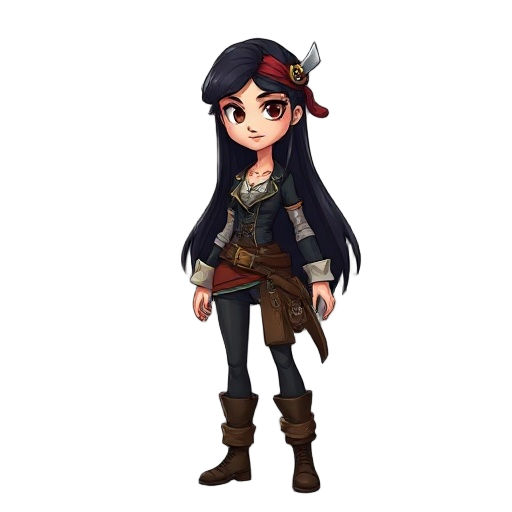 female pirate, long dark hair, tall, thin, slightly muscular, adult face