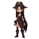 female pirate, long dark hair, tall, thin, slightly muscular, adult face