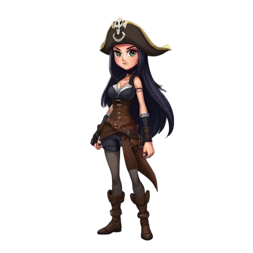 female pirate, long dark hair, tall, thin, slightly muscular