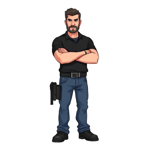 a white man, black shirt, blue jeans, holding a pistol