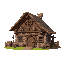 medieval wood and stone with pieces of iron and weapons house with trinkets  designed for a retro-style farm simulation game.