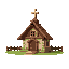 medieval wood and stone church with a cross on top  designed for a retro-style farm simulation game.