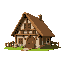 medieval wood and stone thatched roof house  designed for a retro-style farm simulation game.