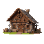 medieval wood and stone with pieces of iron and weapons house with trinkets  designed for a retro-style farm simulation game.