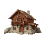 medieval wood and stone  quarry simple house with several stones and balcony  designed for a retro style farm simulation game.
