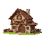 medieval wood and stone house with trinkets  designed for a retro-style farm simulation game.
