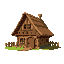 wooden house with thatched roof  medieval  designed for a retro-style farm simulation game.