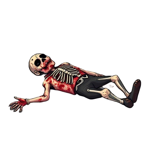 dead man lying on the ground disfigured full of blood all mangled with bones showing   designed for a retro style farm simulation game.