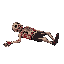 dead man lying on the ground disfigured full of blood all mangled with bones showing   designed for a retro style farm simulation game.