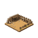 isometric  medieval  small construction area with rubble, wood, stones, and fences  designed for a retro-style farm simulation game.