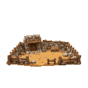 medieval  small construction area with rubble, wood, stones, and fences  designed for a retro-style farm simulation game.