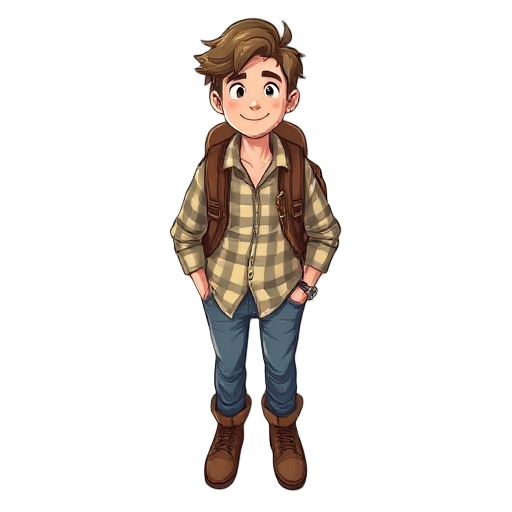 calm traveler with tousled hair, soft smile, checkered overshirt, light shirt, jeans, boots, worn backpack; relaxed and earthy vibe, peaceful