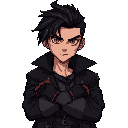 d&d style, vampire fighter, eye color red, clothing overcoat black color, man , wearing fighter gloves, young, dread hair , shard fighter, hair with dread, class ladino, tatto