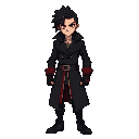 d&d style, vampire fighter, eye color red, clothing overcoat black color, man , wearing fighter gloves, young, dread hair , shard fighter, hair with dread, class ladino, tatto
