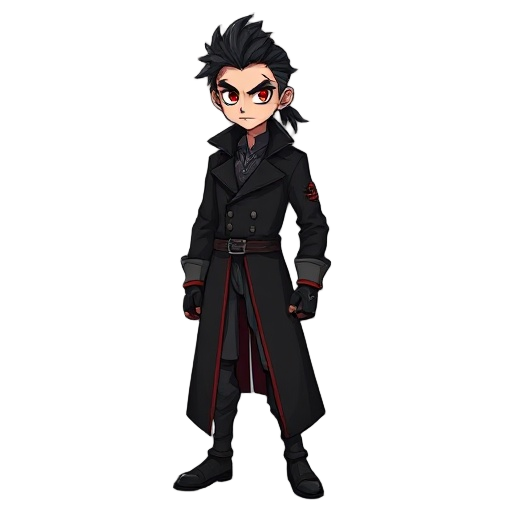 d&d style, vampire fighter, eye color red, clothing overcoat black color, man , wearing fighter gloves, young, dread hair , shard fighter, hair with dread, class ladino, tatto