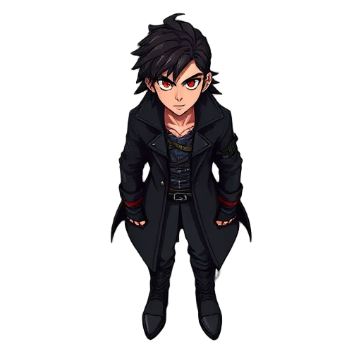 d&d style, vampire fighter, eye color red, clothing overcoat black color, man , wearing fighter gloves, young, dread hair , shard fighter, hair with dread, class ladino, tatto