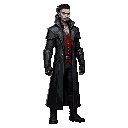 d&d style, vampire fighter, eye color red, clothing overcoat black color, man , wearing fighter gloves, young, dread hair , shard fighter, hair with dread, class ladino, tatto
