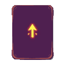 a vertical card with no text, dark purple background (#1a0e1a), and a soft border in yellow-beige and muted purple. in the center of the card, a simple glowing damage symbol: an upward-pointing arrow combined with a small explosion or burst icon. minimali