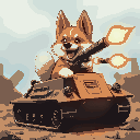 german spitz dog in a turret with rotating artillery firing three shots