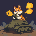 german spitz dog in a turret with rotating artillery firing three shots, use only the colors: #625a6a, #441844, #1c041c