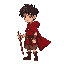 young male adventurer, red cape, red tunic, messy dark hair, holding a wooden stick like a sword, idle pose, fantasy forest background, minimal detail, retro rpg style, side view