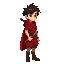 young male adventurer, red cape, red tunic, messy dark hair, holding a wooden stick like a sword, idle pose, fantasy forest background, minimal detail, retro rpg style, side view