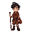 young male adventurer, red cape, brown tunic, messy dark hair, holding a wooden stick, idle pose, fantasy forest background, minimal detail, retro rpg style