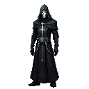 tall slender figure in a flowing black hooded robe with gloves. smooth white mask with stylized black tear markings. wide belt with square buckle, hanging chains and weight. silver gothic cross.
