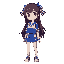 an anime-style female character with long, flowing dark hair tied with a blue, white, and red ribbon. she has warm brown eyes and a confident, cheerful expression. she is dressed in a cheerleader-inspired outfit featuring a blue and white cropped jacket w