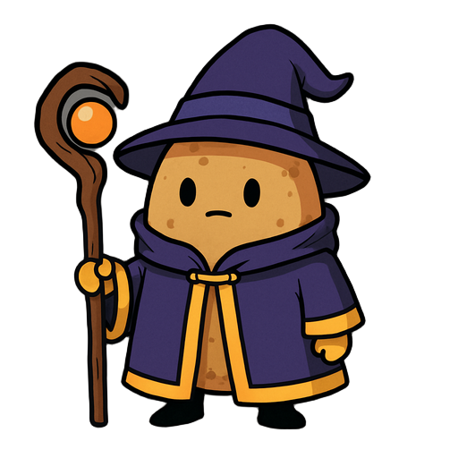 a mage potato character with a staff and some cloths of mage