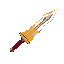 a sword with a fiery blade. the blade is jagged and glows with shades of orange, yellow, and red, resembling flames. the hilt is simple, red, and slightly curved.the sword is angled diagonal