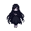 female black ghost. long flowing hair, dark spectral clothing that fades at the bottom, and a soft glowing face.classic pixel rpg sprites, minimal shading, with a cute but mysterious aura.