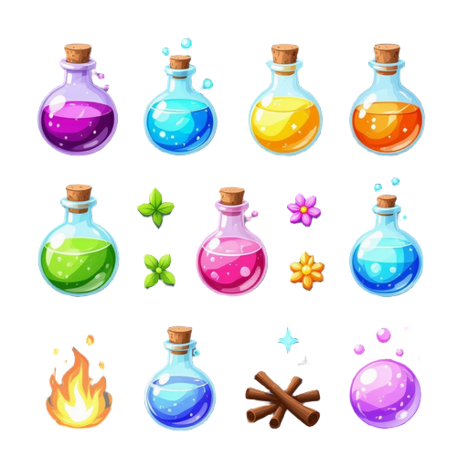 a set of magic potions, magic itens, magic ingredients and magic spheres that has each one a different type of elemental nature force.