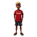 character with flamengo soccer team shirt, dins shorts, black flip-flops, blonde hair with african descent.